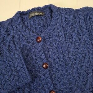 Irelandseye Womens L Navy Blue Merino Wool Cable Knit Button Up Cardigan Sweater